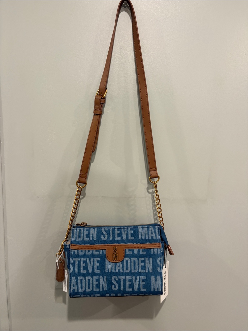Steve Madden Blue Logo Crossbody with Tan Trim and Gold Accents